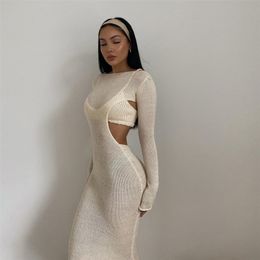Fall Knit See Through Fashion Long Sleeve Maxi Dress with Women Elegant Backless Sexy Cut Out Shawl Dresses 2 Pieces Set 211101