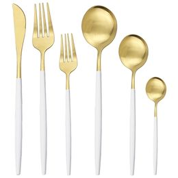 4/6 Matte White Gold Dinnerware Knife Fork Spoon Flatware 304 Stainless Steel Tableware Silverware Cutlery Set 201019
