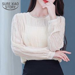 Vintage Women Blouse Autumn Long Sleeve Lace Shirt Woman Office Lady Korean Tops Chiffon Blouse Chic Mesh Solid Pullover 10932 210527