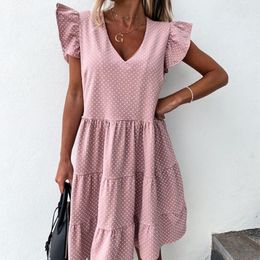 Women New Summer Sundress Casual Ruffles Sleeves V-neck Dot Boho Party Vestidos Elegant Mini Dresses Fashion Vestidos 210316