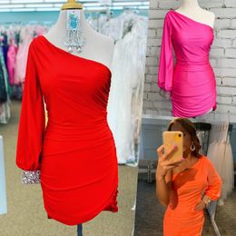 Music Festival Party Dress 2021 Lady Sheath Cocktail Hoco Mini Gown Long Sleeve One Shoulder Crepe Satin Christmas Graduation Homecoming Bright Red Fuchsia Orange