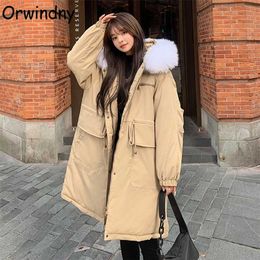 Orwindny Oversized Parkas Women Long Cotton Padded Jackets Winter Female Hooded Big Pockets Thickening Clothing Snow Wear Coats 211216