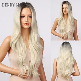 Long Wavy Synthetic Wig Ombre Black Platinum Blonde White Cosplay Party Middle Part Wig for Women Heat Resistantfactory direct