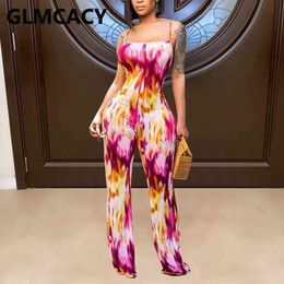 Spaghetti Strap Tie Dye Printed Loose Jumpsuit Summer Chic Overalls 210702