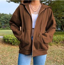 Jacket Overseas for Women Streetwear Top Brown Zip Up Sweatshirt Zip Up Hoodie Y2K Egirl Oversize Hoodies Long Sleeve Pullover Y0820
