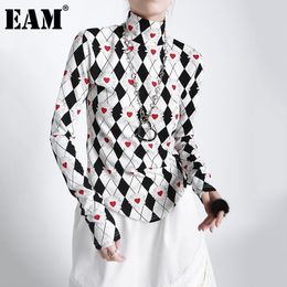 [EAM] Women Pattern Print Contrast Colour White T-shirt New Turtleneck Long Sleeve Fashion Tide Spring Autumn 2021 1DD3965 210306
