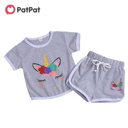 Summer 2-piece Baby Toddler Girl Unicorn Striped Tee and Shorts Sets for kids Clothes 210528