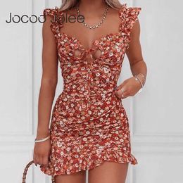 Summer Floral Print Ruffles Mini Dress Sexy Women Elegant Sleeveless Spaghetti Straps Short Bodycon Dress Party Club Dresses 210619