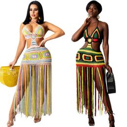 Women's Swimwear 2021 Handmade Crochet Long Tassel Beach Dress Sexy Women Hollow Out Bikini Bathing Suit Cover-ups Beachwear