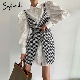 Syiwidii 2 Piece Sets Blouse Dress for Women White Shirts Mini Sashes A-Line Vintage Puff Sleeve Houndstooth Turn-Down Collar 210316