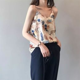 Tank Top Women Satin Loose Plus Size Tropical Jungle Folk Style Print V-neck Shoulder Strap Halter Vest Female Undershirt Summer 210308