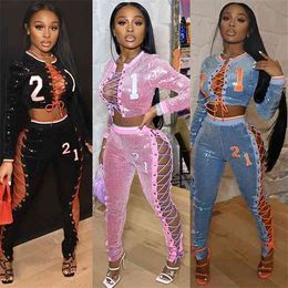 Long Sleeve Sequin Bandage Lace Up Hollow Outfits Crop Top Pencil Pants Two Piece Set Party Clubwear Matching Set New X0709 X0721