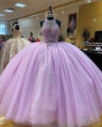 Lila bollprinsessan 2023 klänning quinceanera klänningar pärlstav kristall bling tyll vestidos de prom sweet 15 16 klänning flickor lång