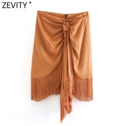 Zevity Women Fashion Solid Knotted Hem Tassel Casual Slim Skirt Faldas Mujer Office Ladies Back Zipper Chic Mini Vestido QUN697 210310