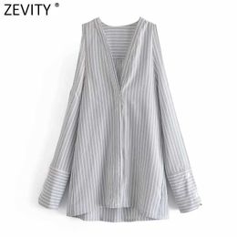 Zevity Women Sexy Off Shoulder Breasted Loose Shirt Female V Neck Striped Print Slim Blouse Roupas Chic Chemise Tops LS9104 210603