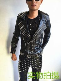 Hot Punk rock band DJ men's singer costume non mainstream Chic Full Rivet Leather Men singer costumes jacket Guitar Show P0813