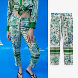 Za Green Floral Print High Waist Pants Women Vintage Elastic Waist Summer Trousers Female Chic Front Pockets Casual Pants 210602