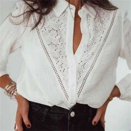 TRAF Women Fashion Hollow Embroidery Lace White Blouses Vintage Long Sleeve Button-up Female Shirts Blusas Streetwear 210708