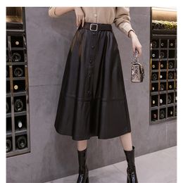 Neophil Women Pu Faux Leather A-line Midi Skirts Winter Preppy Style Button Sashes Khaki Ladies Flare Skater Skirt S9106 210309