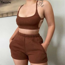 Yiallen Women Summer Fashion Casual Solid Rib Knit Halter Camisole and Shorts Two Piece Set Female Streetwear Movement Outfit Y0702