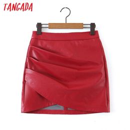 Tangada Autumn Winter Women Red Faux Leather Skirts Faldas Mujer Zipper Female Mini Skirt 8H18 210309