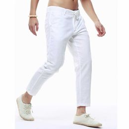 Summer Mens Casual Ankle-Length Pencil Pants Elastic Waist Straight Drawstring Slim Fit Pant Solid Colour White Trousers X0615