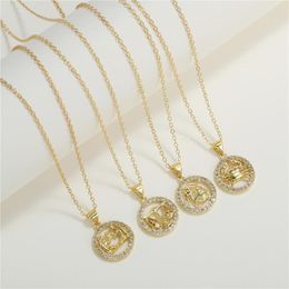 Pendant Necklaces 12 Zodiac Sign Constellations Round Pendants For Women Men Gold Colour Male Copper Cubic Zirconia Necklace Jewellery