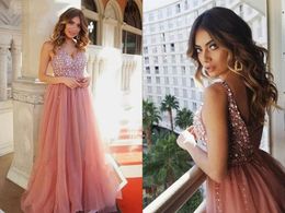 Gorgeous V Neck Evening Dresses Beaded Sequins Tulle Side Slit High Split Floor Length Custom Made Prom Party Gown Formal Ocn Wear 403 403