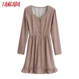 Tangada Fashion Women Flowers Print Dress V Neck Long Sleeve Ladies Strethy Waist Tunic Mini Dress Vestidos 1F65 210609