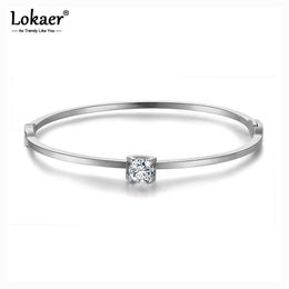 Lokaer Classic Titanium Steel Silver Colour Cuff Bracelets Bangles Luxury Cubic Zirconia Wedding Bangle Jewellery for Women B18030 Q0719