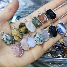 Silver Edge Natural Crystal Oval Hexagon Stone Charms Rose Quartz Pendants Trendy for Jewellery Making Wholesale