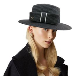 Elegant Women Wide Brim Floppy Straw Hat M Letter Summer Holiday Boater Sun Beach Hat Flat Top Panama Hats