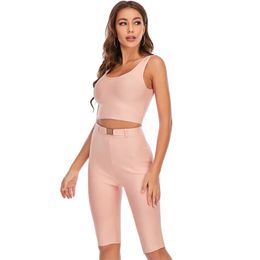 Swtao Women Clothing Set Sexy Nude Bodycon Bandage Two Pieces Celebrity High Street Party Tank Crop Tops Shorts 210527