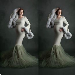 Elegant Maternity Sleepwear for Photoshoot Elastic Satin Fur Bathrobe Sexy V Neck Long Sleeve Tiered Ruffles Prom Dress