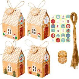 24 Sets Christmas House Gift Box Kraft Paper Cookies Candy Bag Snowflake Tags 1-24 Advent Calendar Stickers Rope Party Supplies 211108