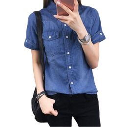 Women's Blouses & Shirts Summer Style Cotton Denim Shirt Women Short-sleeved Korean Self-cultivation Students Casual All-match Thin Top A436