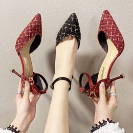 2020 Summer Women Sandals Plaid Costume Tweed Pumps High Heels Ankle Strap Dress Shoes Woman Party Shoes Sexy Heels Female 7919N