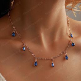 2021 New Women Blue Rhinestone Water Drop Chokers Necklace Gold Charm Short Necklace Lady Fashion Jewellery Gift