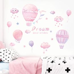 Pink Hot Air Balloon Wall Stickers DIY Pink Clouds Mural Decals for House Kids Rooms Baby Bedroom Decoration Princess Stickers 210308