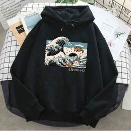 The Great Wave Print Hoodies Man Women Casual Loose Pocket Streetwear Hooded New Autumn Spring Long Sleeve Fleece Sweatshirts H1227