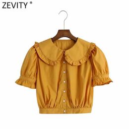 Zevity Women Sweet Agaric Lace Peter Pan Collar Solid Short Shirt Female Puff Sleeve French Style Blouse Roupas Chic Tops LS9197 210603