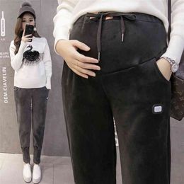 378# Winter Thicken Warm Plus Velvet Maternity Pants Elastic Waist Belly Clothes for Pregnant Women Pregnancy Trousers 210721