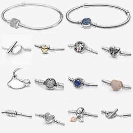 CHRYSAOR Original Sparkling Heart Clasp Snake Chain 925 Sterling Silver Multi Bracelet Women Charms Bangle DIY Jewelry