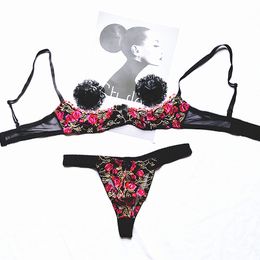 French Romantic Lingerie Luxury Exquisite Embroidery Sexy Half Cup Underwire Bra and Open Croth Panty Underwear Set