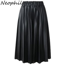 Neophil Winter Ladies Black PU Faux Leather Skirts Midi Pleated High Waist Vintage Basic Mid-calf Women Longa Saia S1927 210309