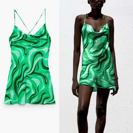 Za Retro Green Sundress Women Sleeveless Backless Summer Dresses Female Fashion Draped Spaghetti Straps Mini Dress 210602