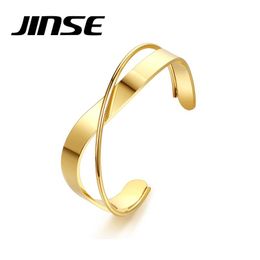 Bangle JINSE Simple 8mm Women Gold Metal Cross Stainless Steel Cuff Bracelets For Fashion Jewellery Trendy Pulseira Gift