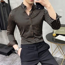 Men's Casual Shirts Luxury Gold Striped Shirt Men Long Sleeve Slim Top Quality British Business Formal Dress Camisa Social Masculina