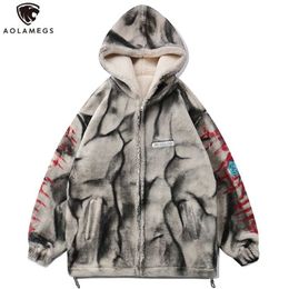 Aolamegs Gothic Punk Graffiti Thicken Zipper Coat Winter Jacket Men Loose Cozy High Street Style Fleece Hoodie Streetwear 211126