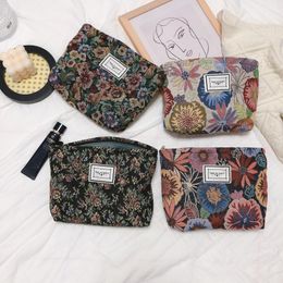 Vintage Literary Flowers Jacquard Cloth Cosmetic Bag Women Makeup Handbag Art Style Thick Canvas High Capacity Zipper Bag